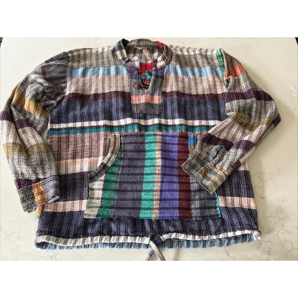 Women's M Plaid Patchwork Pull Over Hoodie Hippie Boho Striped Cotton Wood Top